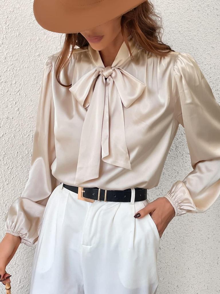 Women's Long Sleeve Satin High Neck Bow Top