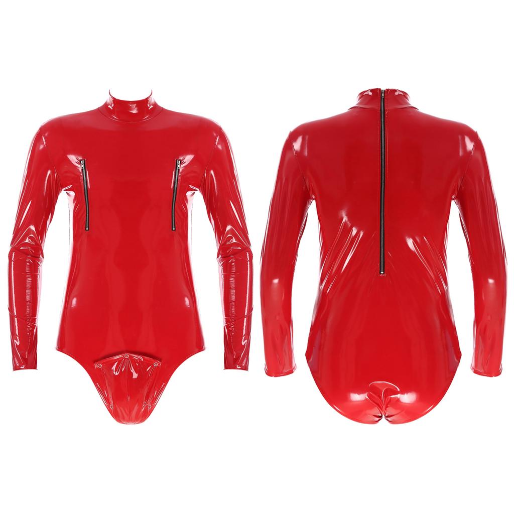 Men's PVC Leather Long Sleeve Leotard Latex Bodysuit Zipper Catsuit Clubwear