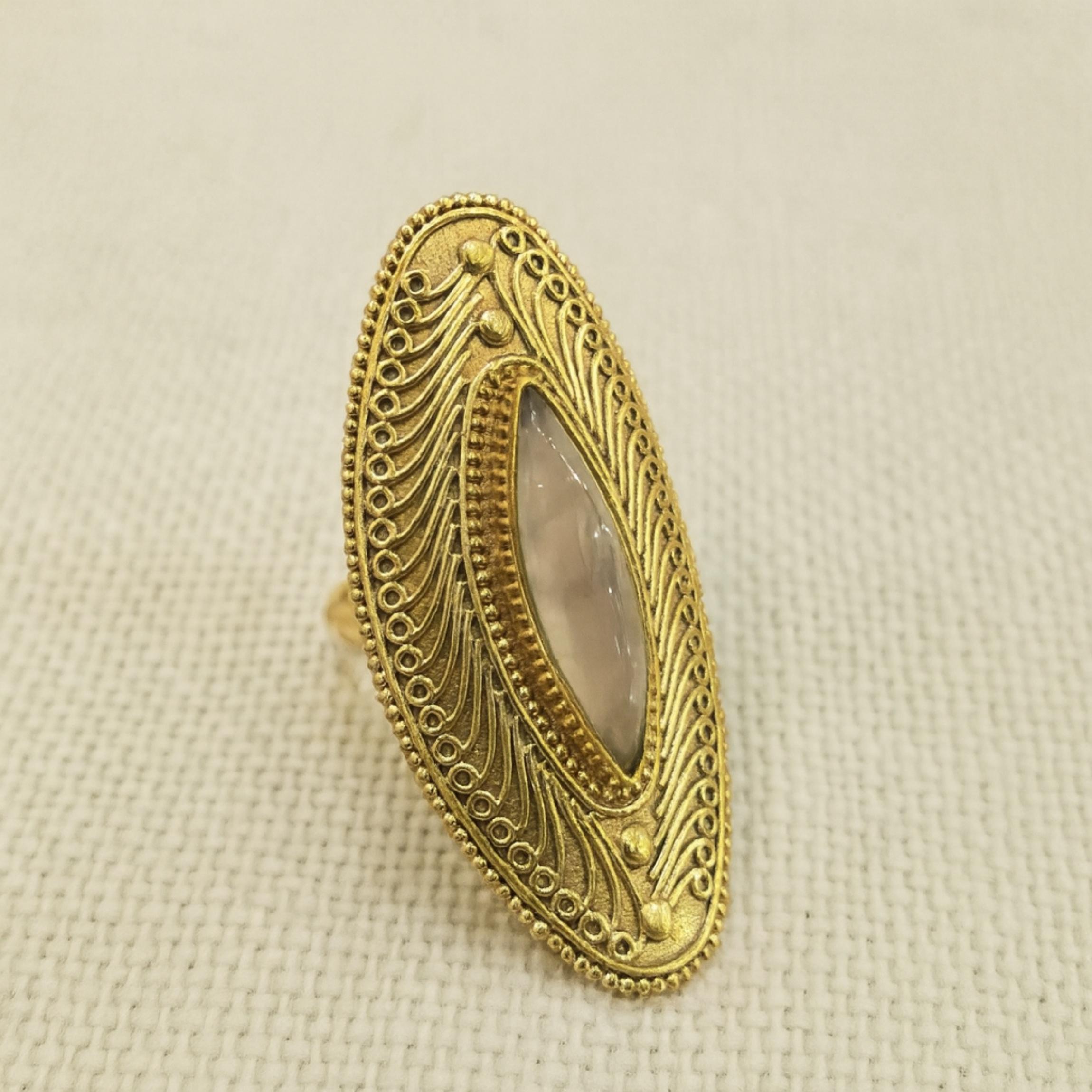 

Marquise Rose Quartz Pure Brass Ring, Ornate Scrollwork Brass Cocktail Ring, Adjustable Handmade Jewelry Adjustable жёлтый