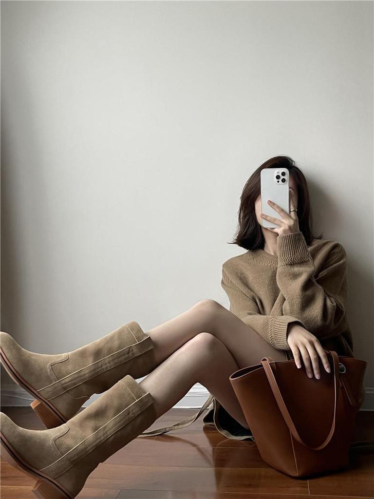 Korean Style Autumn and Winter New Short Boots Women's Ins Street Style Matte Leather Round Head Loose Knight Boots Flat-bottomed Medium Boots