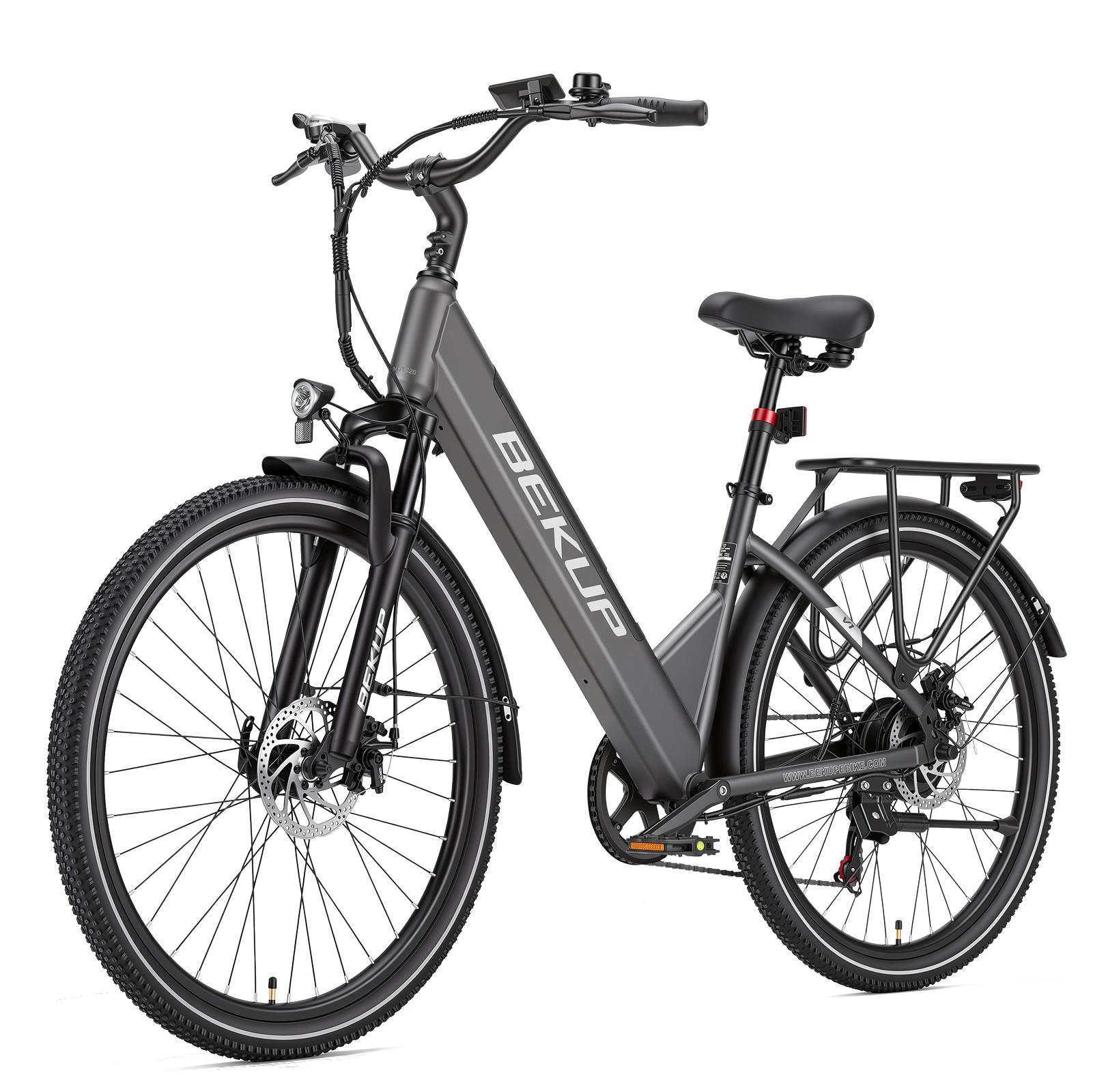Bekup V1 Elektrofahrrad - 26  Reifen City E-Bike - 250W Motor - 36V14.5AH Akku - Reichweite bis zu 75 km - Shimano 7 Gänge - Mechanische Scheibenbremsen grau