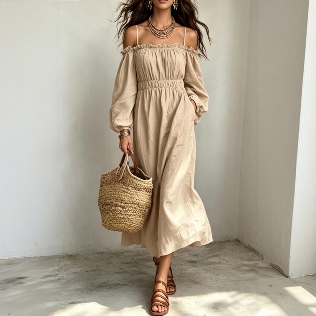 Women's Cotton Linen Off Shoulder Spaghetti Strap Ruffled Maxi Dress Loose Fit Vacation