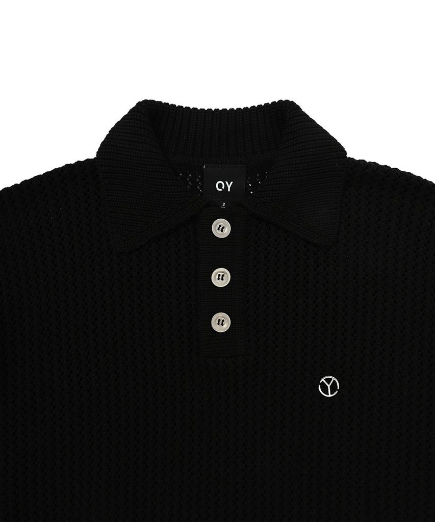 OHY Metal Logo Net Half Polo Knit-Black