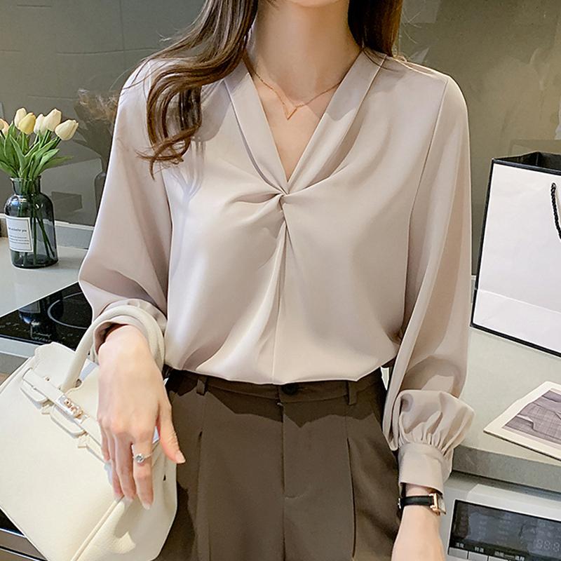 Fashion Blouses Shirts Long Sleeve V-Neck Office Lady Black White Chiffon Blouse Shirt Women Tops J753