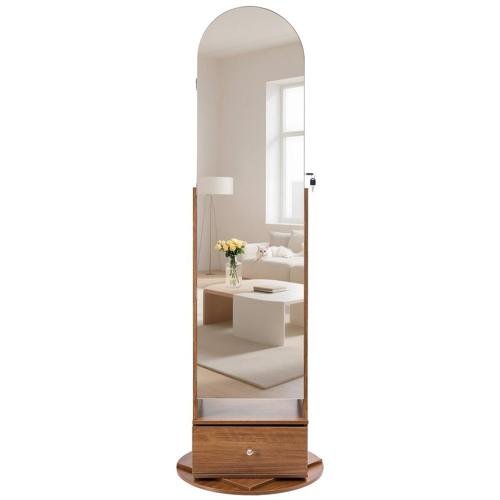 360° drehbarer Schmuckschrank, 1655 mm hoch, Ganzkörperspiegel mit Stauraum, Stehender drehbarer Schmuckschrank-Organizer, Abschließbar mit 2 Schlüsseln,