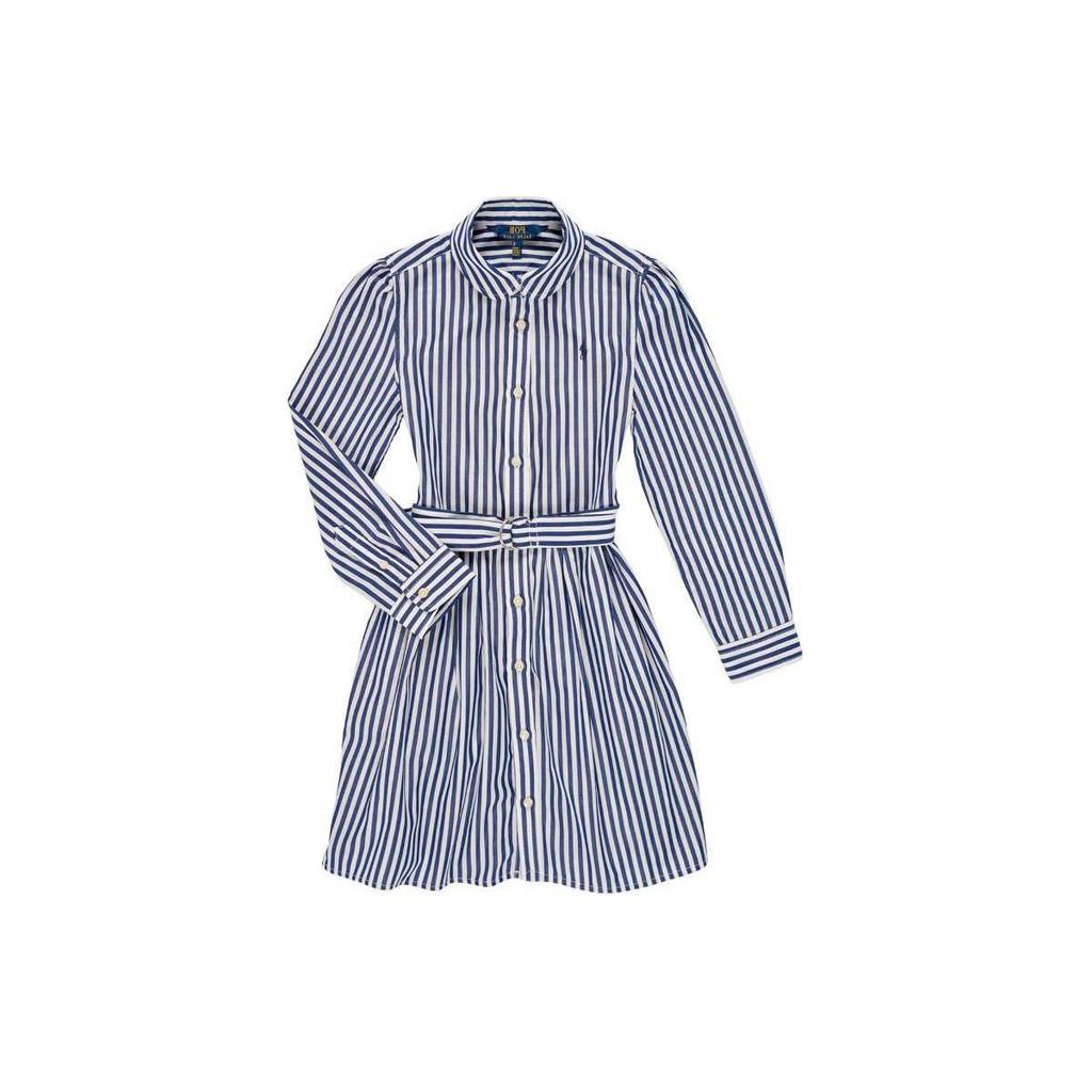 Polo Ralph Lauren Striped Print Collar Midi Long Sleeve Dress Kids Dresses White 313785816-003