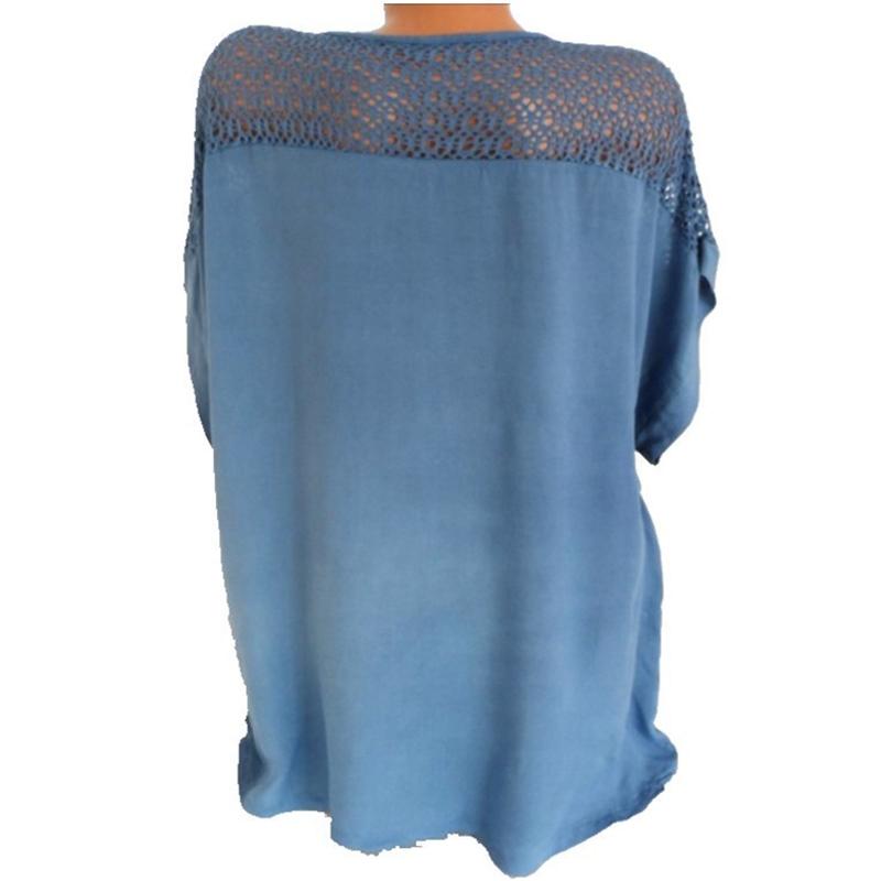 Summer Women's Chiffon Shirt with Hollow Off-the-shoulder Short-sleeved Embroidered Lace Stitching Loose Large Size