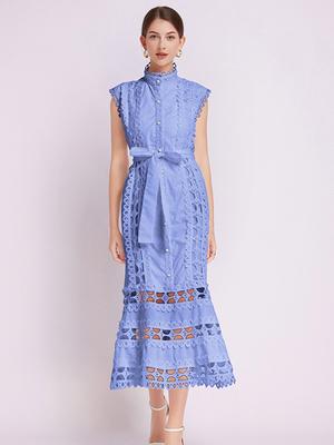 Solide Stickerei Hohl-Spitzen-Patchwork Meerjungfrauenkleider Damen Roben Weibliches Stehkragen Locker Elegantes Kleid für Damen