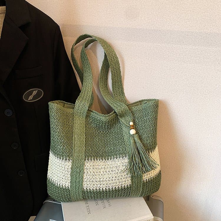 Contrasting Tassel Straw Woven Tote Bag Women's Shoulder Bag