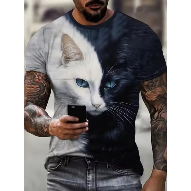 Summer Men's Funny Cute Cat 3d Printed Short Sleeve T-Shirt Loose Street Wear T-Shirt Casual Simple Suitable Children