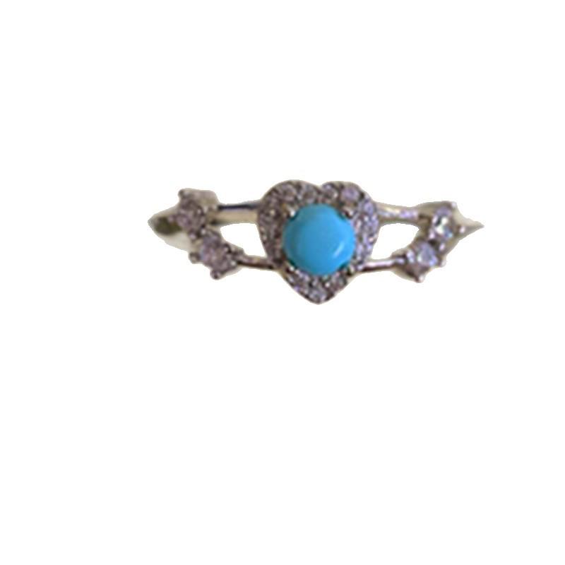 Elegant S925 Silver Turquoise Heart Ring with Diamonds for Women - Unique High-End Design Adjustable серебряный