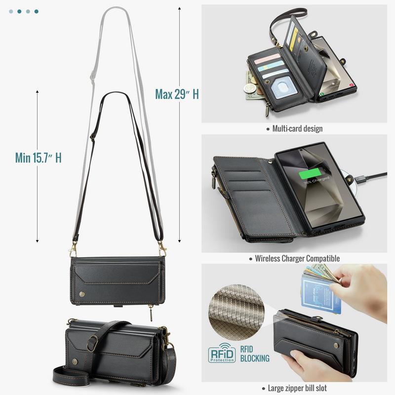 Custodia di Lusso in Pelle per Samsung S24 FE S23 Ultra S22 S21 Plus S20 S25 A16 A17 A57 A55 A35 A54 A34 S26 Tracolla con Cordino Portafoglio con Zip Slot per Carte Copertura