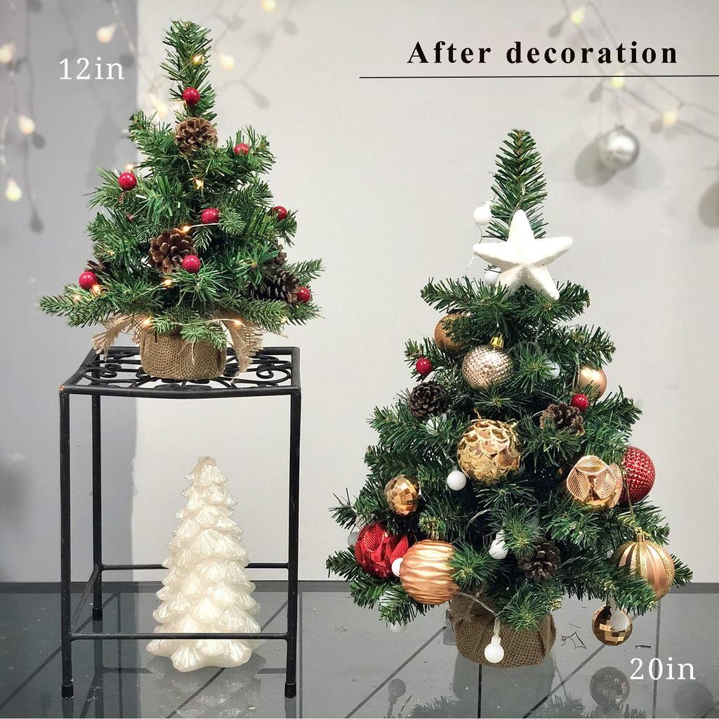 Pre-Lit Artificial Mini Christmas Tree,20 inch Miniature Pine Xmas Tree with 20 LED Lights,70 Branch Tips,Desktop Christmas Tree Burlap Base-(50cm)