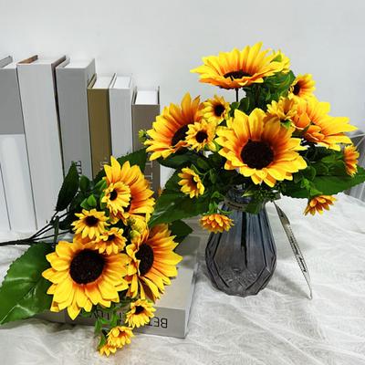 Artificial Sunflower with Green Leaves 7 Fork 13 Head Realistic Fake Silk Flower Home Office Party Indoor Outdoor Faux Bloom Decoration