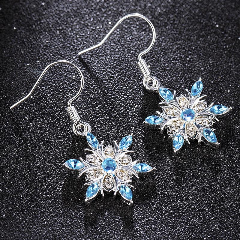 Platinum Blue Snowflake Two-Tone Diamond Earrings: European & American Fashion Jewelry for Women