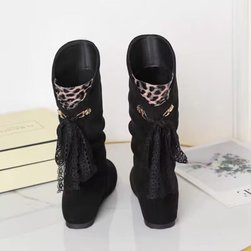 Women's Suede Mid-Calf Lace-Up Block Heel Boots, Round Toe Plus Size Fashion Shoes