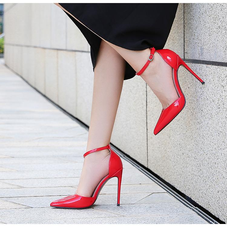 12cm Style High Heels Buckle Belt Simple Metal Thin Heel High Heel Shallow Mouth Pointed Hollow Sexy Single Shoes WZ