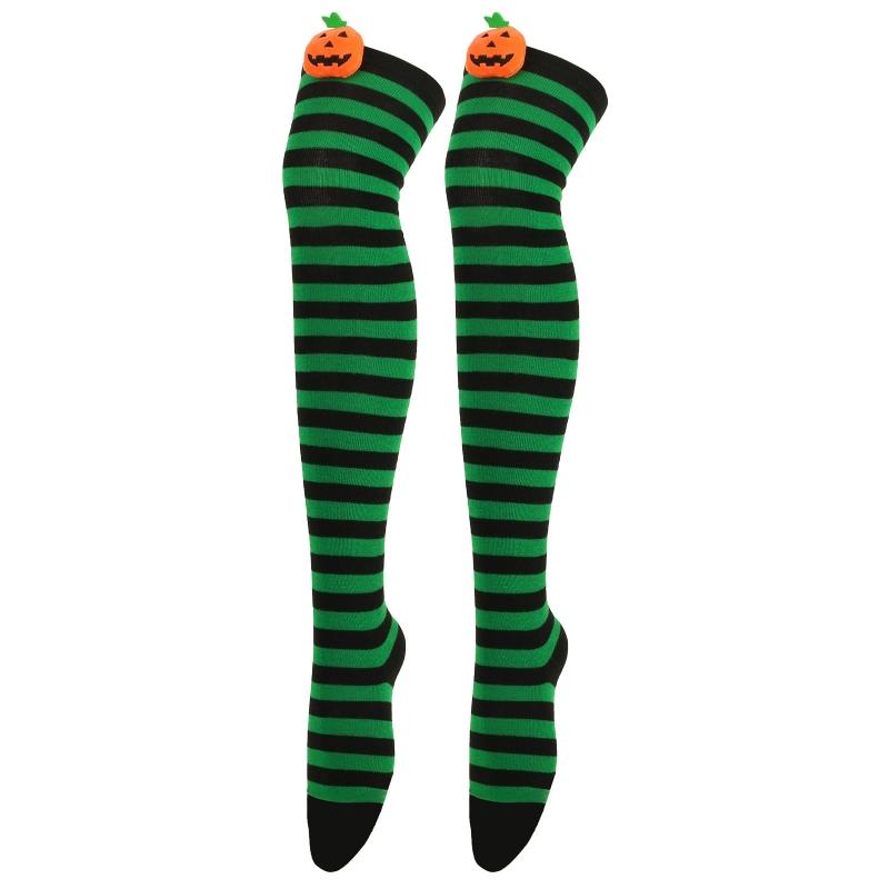 Women Halloween Over Knee Long Socks Cute 3D Wicked Evil Pumpkin Striped Print Thigh High Stockings Holiday Hosiery