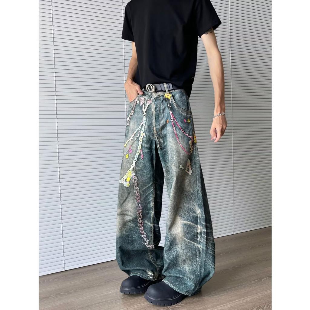 JYL Unisex Chain Print Jeans Spring Loose Straight Wide-Leg Denim Pants