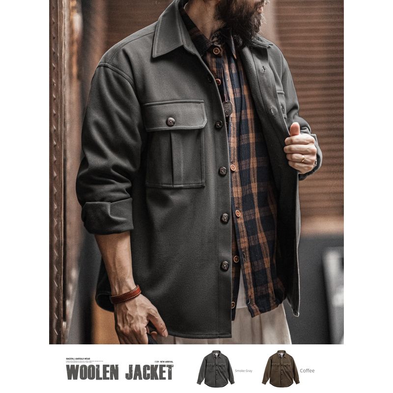 Madeng Parka American Retro Starry Sky Woolen Shirt Jacket Loose Lapels Heavy Weight Woolen Outwear Men's Autumn Clothing