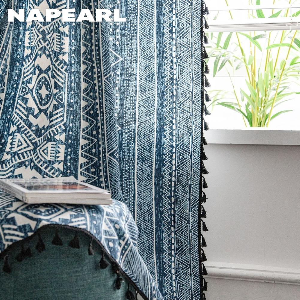 1PC NAPEARL Bohemian Style Blue Geometric Print Curtain with Fringe Semi Blackout for Small Windows Balcony Home Decor