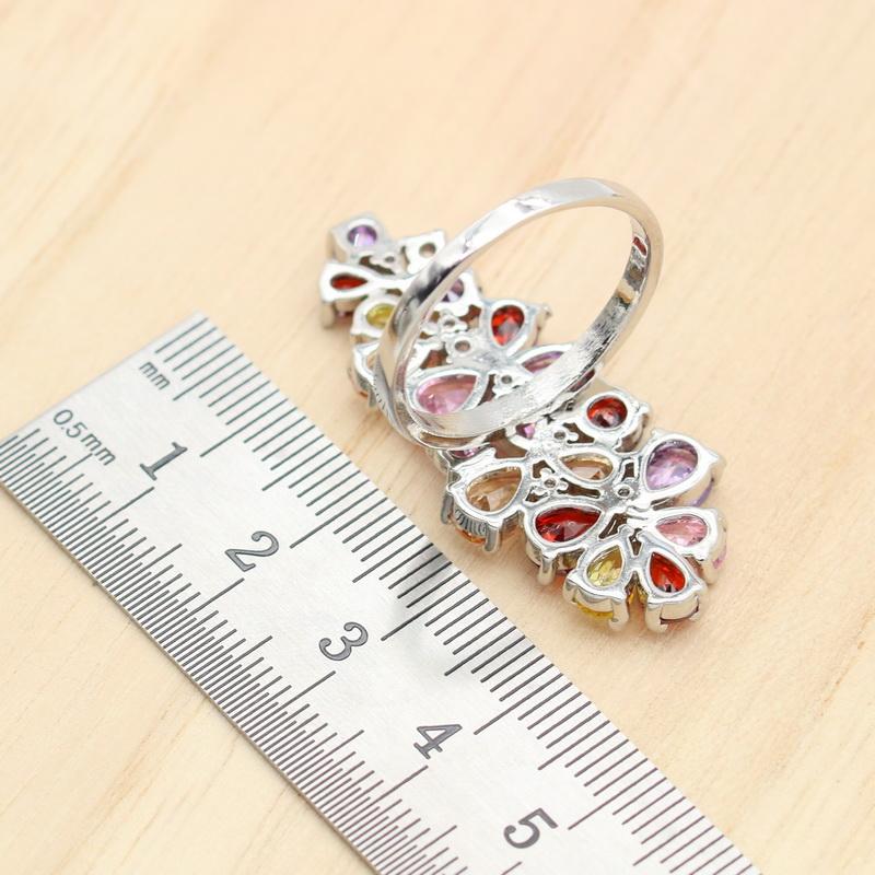 Multi Color Zircon  Stamp Women Jewelry Sets Bracelet Earrings Necklace Pendant Ring Wedding Party Birthday Gift