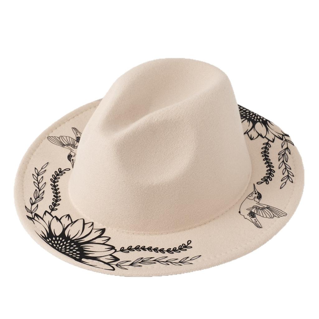 Wildflower Moon Print Fedora Hat Women Men Fashion Personality Autumn Winter Wide Brim Witchy Hat British Retro Flat Top Hat