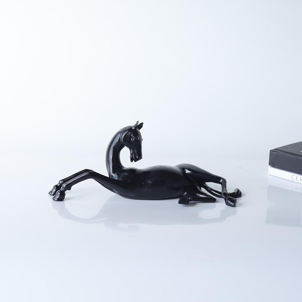 Metal Handicrafts Black Horse Simulation Animal Sculpture Black Horsereclining Statue Metal Figurine Home Decoration Accessories