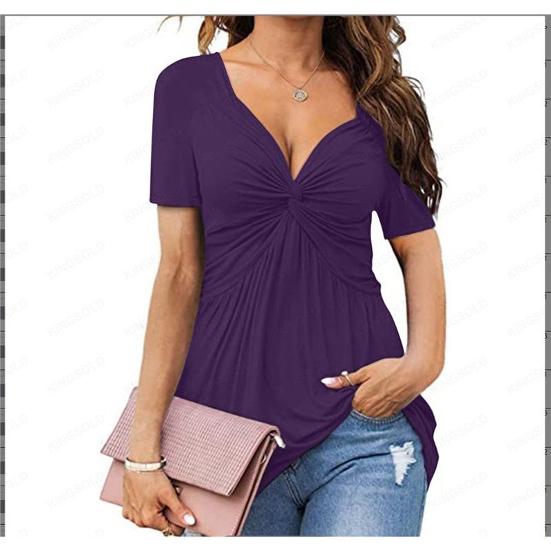 Wine Red V Neck Twist Knot Short Sleeve Casual Top XXL фиолетовый
