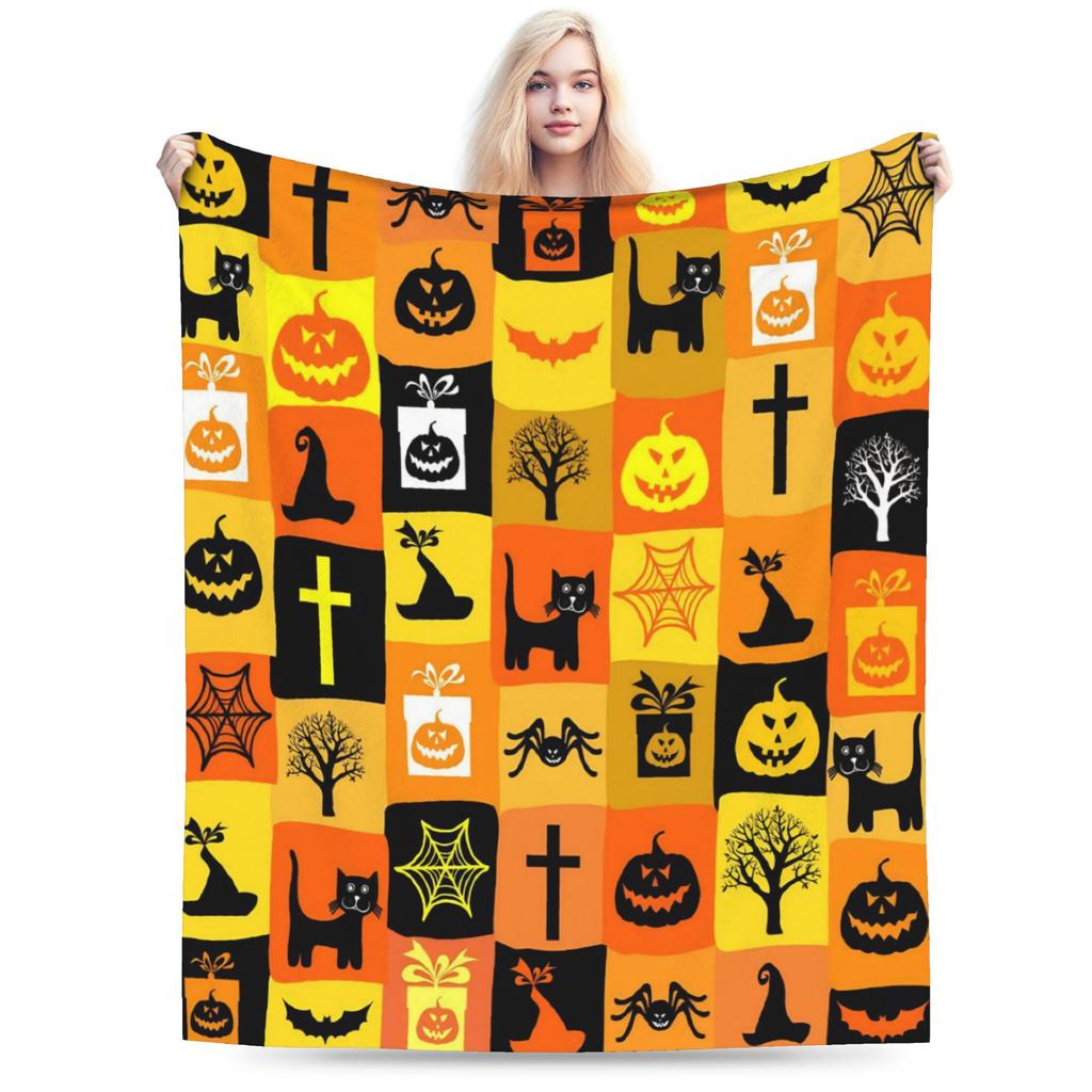 Happy Halloween Cartoon Blanket Cover Velvet Warm Throw Blanket for Car Sofa Couch Bed Rug