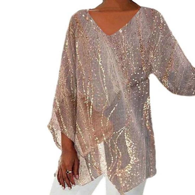 Plus Size Women Casual Loose V Neck Long Sleeve T-shirt with Flower Print Irregular Hem Color Matching Pullover for Spring Fall