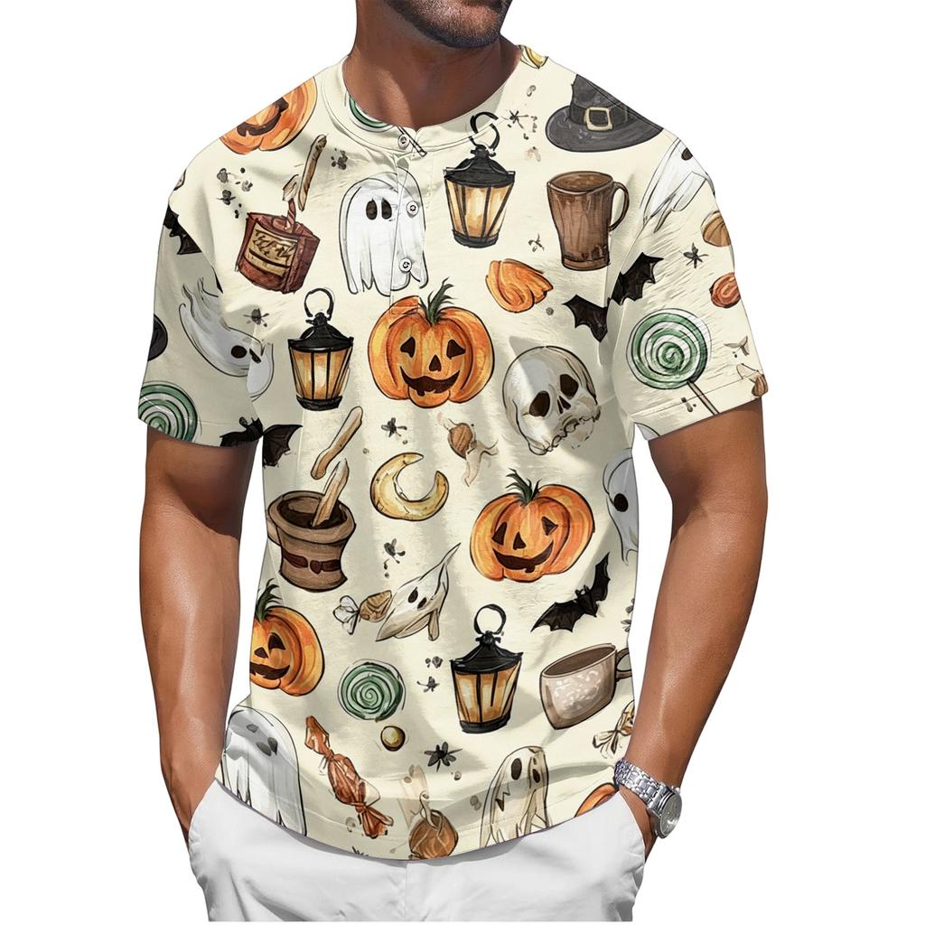 Men's Halloween Print Short Sleeve Henley Shirt Casual Round Neck Button Up Top for Seasonal Wear