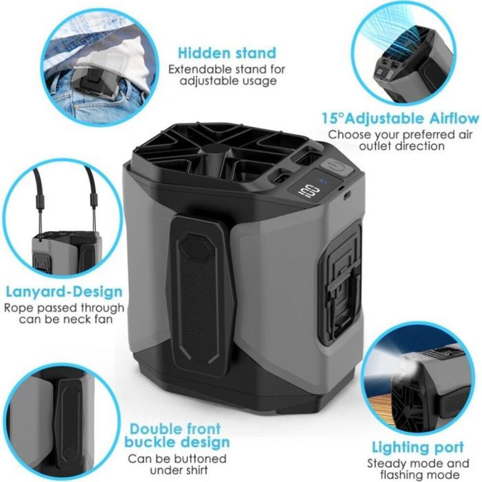 Draagbare ventilator met verlichting, 5 snelheden, oplaadbare batterij van 4000 mAh, voor buitenactiviteiten zoals wandelen en fie