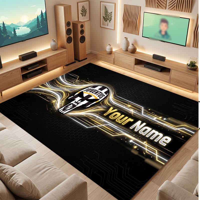 Juventus FC Custom Crystal Velvet Rug, Personalized Name Text Print, Football Logo Soft Non‑Slip Floor Mat Home Decor Gift