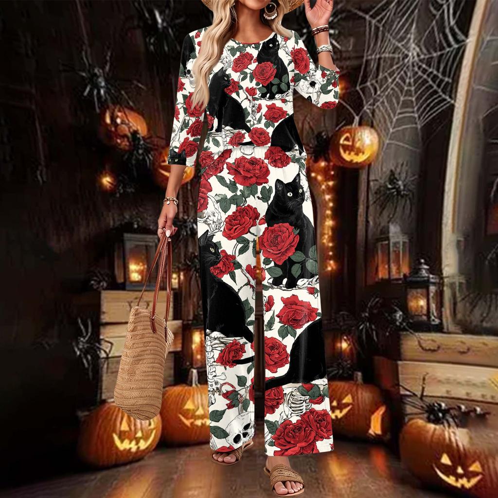 Women's Casual Two Piece Outfit Round Neck Loose Fit 3/4 Sleeve Top and Pants Set for Everyday Wear