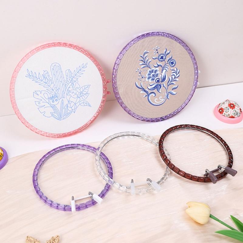 2Pcs Adjustable Embroidery Hoop Spring Loaded Round Plastic Stitching Frames for Sewing Needlework Fabric Craft Project