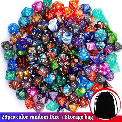 28pcs Polyhedral DND Dice Set - Black Drawstring Pouch with Color-Coded Faces, RPG/D&D Tabletop Game Accessories ZSY