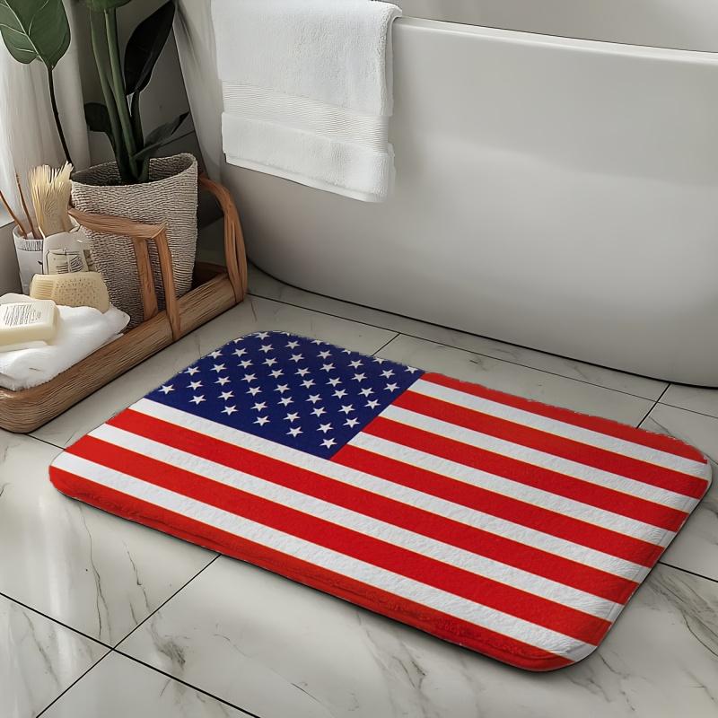 American Flag Striped Bath Mat, Non-Slip Flannel Memory Foam Rug, Patriotic Design for Bathroom Shower Entrance,Machine Washable