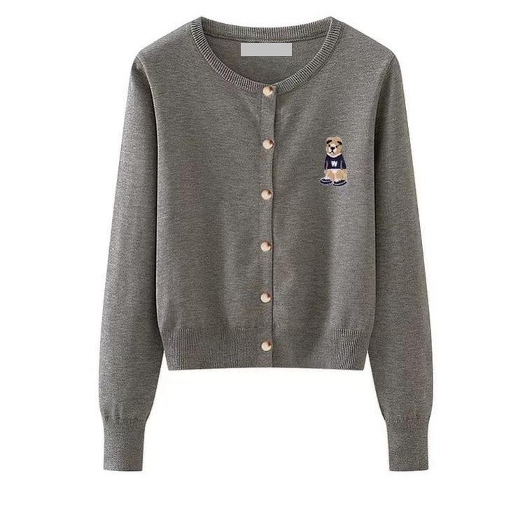 Podzimní preppy styl pletený kardigan s medvídkovou výšivkou, slim fit, všestranný top s dlouhým rukávem a kulatým výstřihem pro ženy