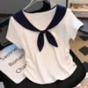 Temperamentkontrastierende Fliege vorne Schulter kurzärmeliges T-Shirt Damen Sommer Neu High-End Slim-Fit kurzes Hemd Top