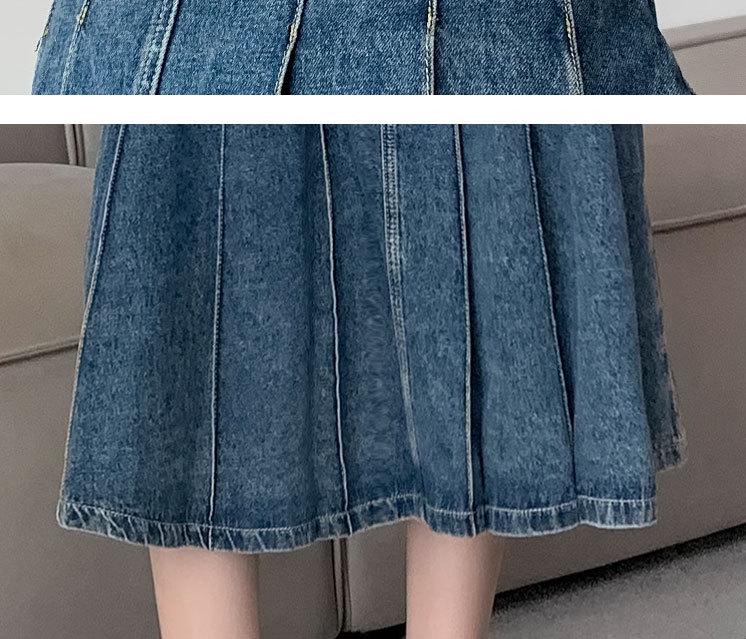 2023 Summer Retro Pleated Denim Midi Skirt: Women's High Waist A-line Design