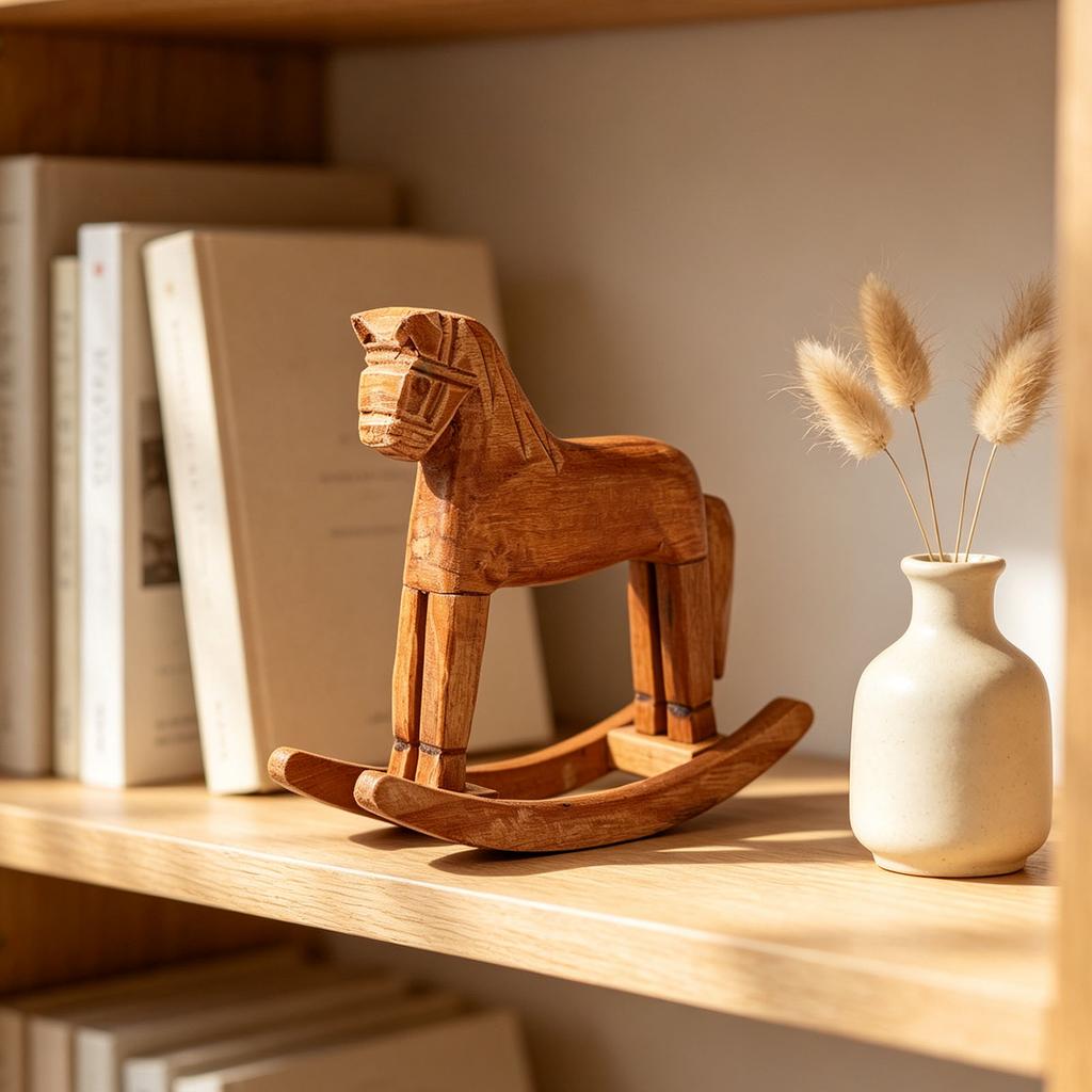Wooden Rocking Horse Figurine Pine Wood Desk Ornament for Bookshelves Entryway Cabinet
