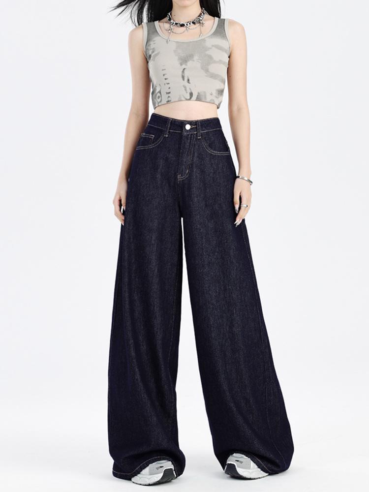2024 Women's Retro Deep Blue High-Waist Wide-Leg Jeans