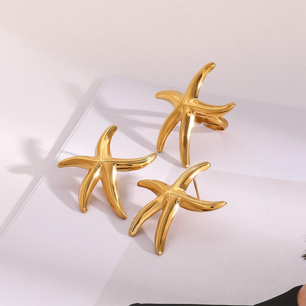 Boucles d'oreilles Anneau Étoile de Mer Style Océanique Été pour Femmes Couleur Or 18K Acier Inoxydable Bijoux de Vacances Quotidiennes Cadeau