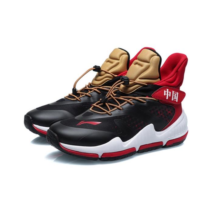 Li Ning Kids High-Top Basketball Shoes Non-Slip Shock Absorbing Wear-Resistant Kids Sneaker Black Red YKBQ036-9