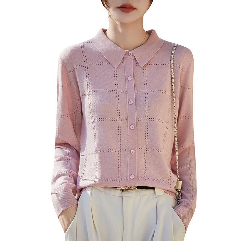 Women's Knit Lapel Cardigan: Light Hollow Jacket, Long Sleeve Spring/Summer Top