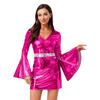 Womens 70s Disco Costume V Neck Flared Sleeve Crystal Decor Metallic Shiny Bodycon Dress