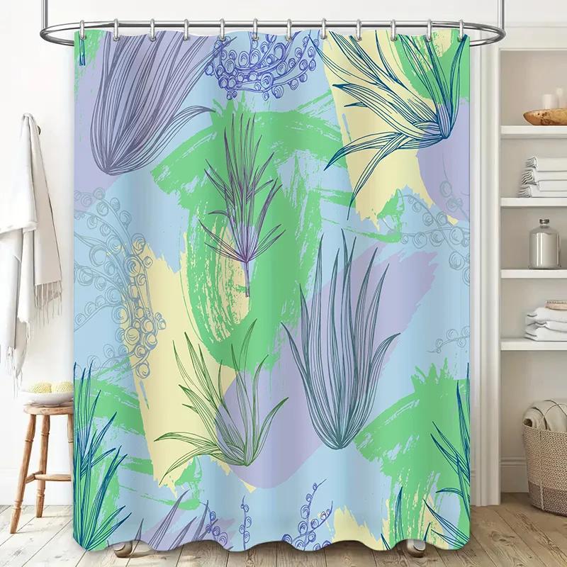 Colorful Bathroom Shower Curtain Set Green Plants Pattern Decorative Waterproof Fabric for Bathtub Bathing Room Home Decoration