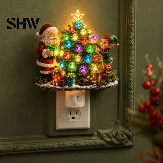 Indoor Holiday Lighting Christmas Santa Elf Decorative Plug-in Night Light, Resin Tree Wall Festive Room Decoration Nightlight, Vintage Xmas Ornament