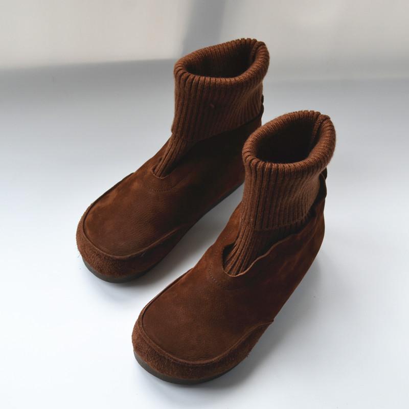 Fashion Vintage Women's Boots Flat Cowhide Ankle Boots Ankle Boots Socks Elastic Shoes